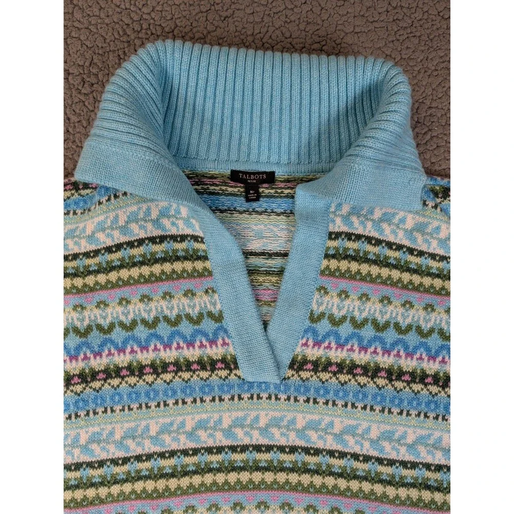 Talbots Fireside Fair Isle Johnny Collar Sweater M Petite Winter Preppy Casual